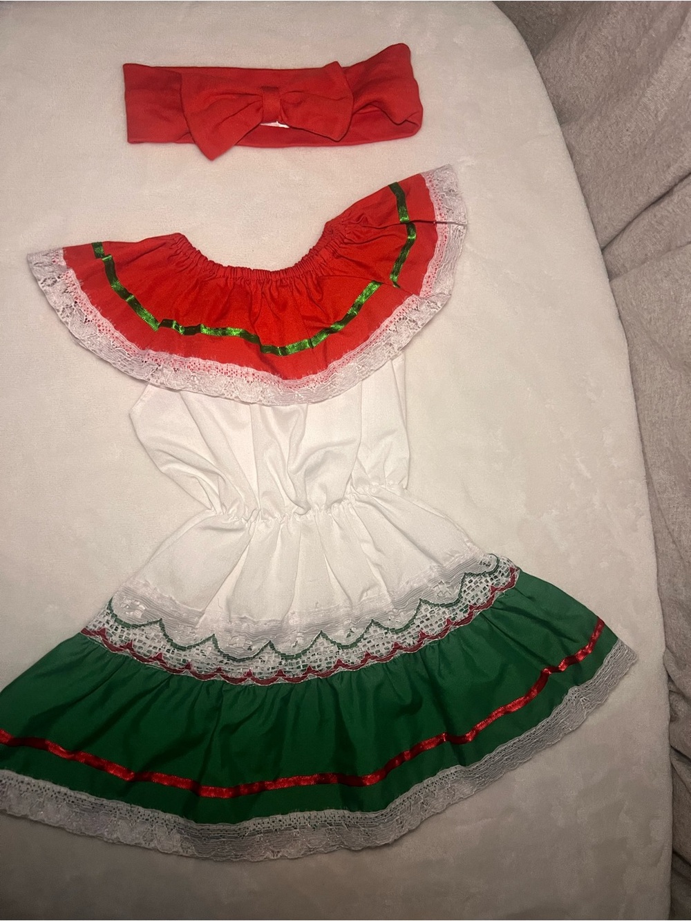 Baby Mexican Dress 3-6m, with Red Headband — White, Red, Green